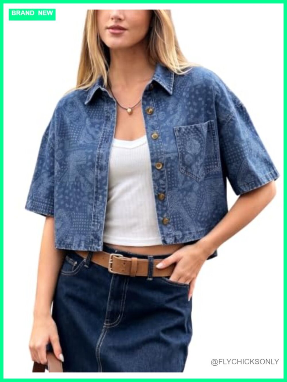 Women Denim Jacket Short Sleeve Polka Dot Shirt Button Down Crop